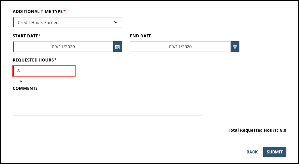 Screenshot of Additional Time page with Requested Hours highlighted