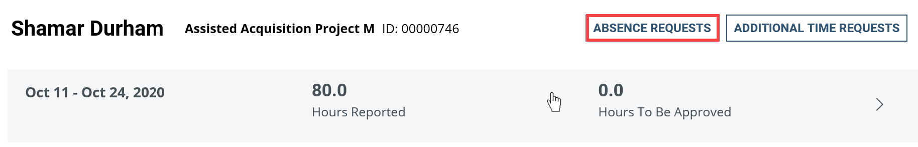Screenshot of the Employee screen with Absence Request highlighted