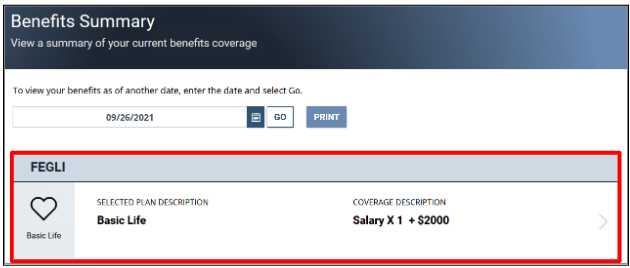 Screenshot of Benefits Summary page with FEGLI Basic highlighted