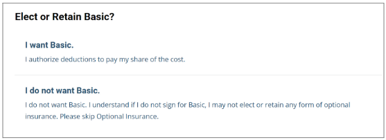 Screenshot of FEGLI self service page with I want Basic or I do not want Basic hyperlinks highlighted
