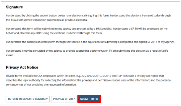 Screenshot of FEGLI self service page with Submit to HR highlighted