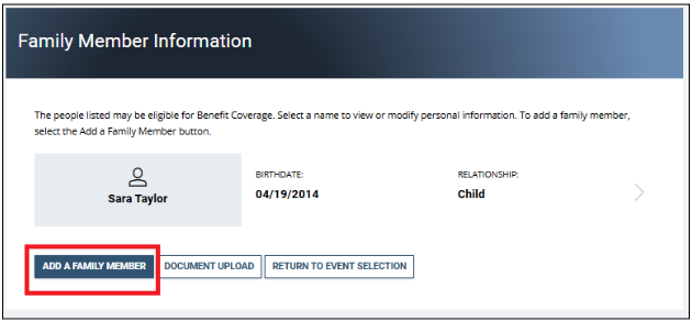 Screenshot of the family member Information page with add a family member button highlighted