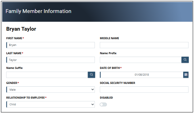 Screenshot of the family member Information page