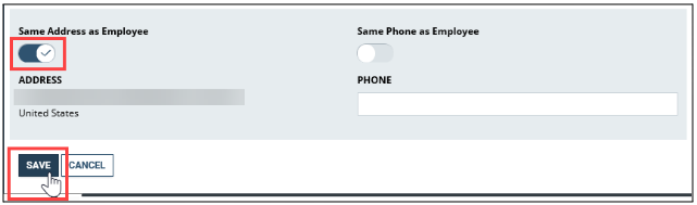 Screenshot of the family member Information page with address and save button highlighted
