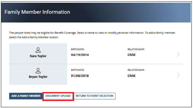 Screenshot of the family member Information page with document upload button highlighted