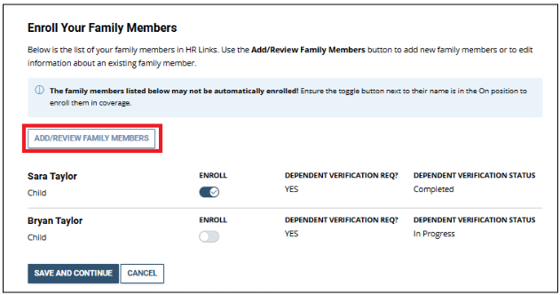 Screenshot of the Enroll Your family members screen with Add/Review family members button highlighted