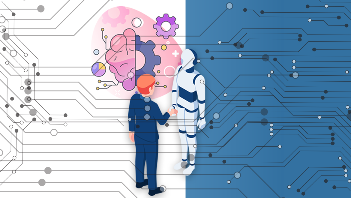 image of man and AI robot shaking hands with split blue and white background