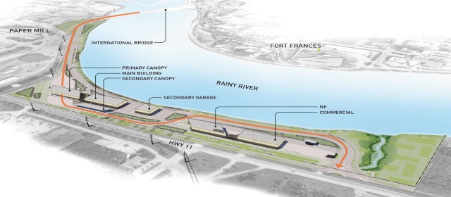 Image of I-Falls site plan showing five structures and transport path across Rainy River from Fort Francis