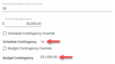 Screenshot of the Schedule Contingency and/or Budget Contingency