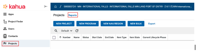 Screenshot of the Projects app with Reports highlighted
