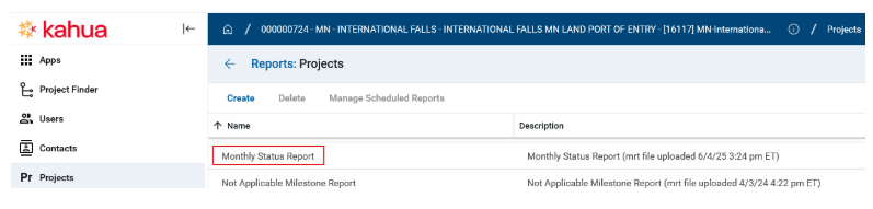 Screenshot of the Projects app with Monthly Status Report highlighted