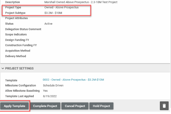 Screenshot of the Project Type page with Apply Template highlighted