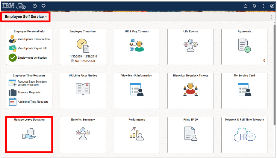 Screenshot of Employee Self Service portal with Manage Leave Donation tile highlighted