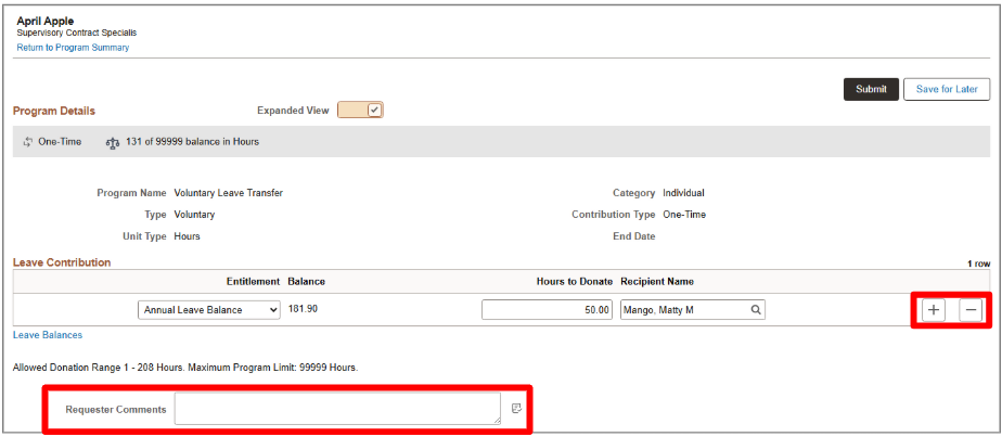 Screenshot of Leave Donation page dialog box with Requestor Comments highlighted