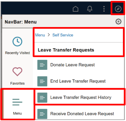 Screenshot of the nav bar menu with leave transfer requests and leave transfer request history highlighted