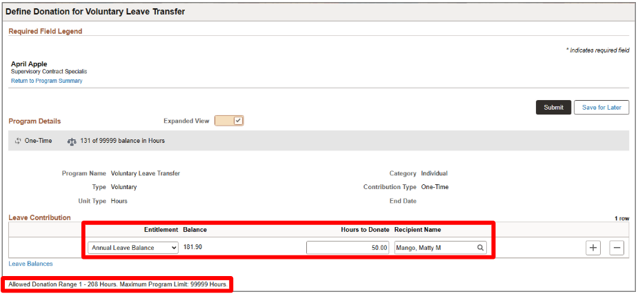Screenshot of Leave Donation page dialog box with Entitlement Balance and Allowed Donations range highlighted