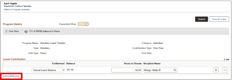 Screenshot of Leave Donation page dialog box with Leave Balances highlighted