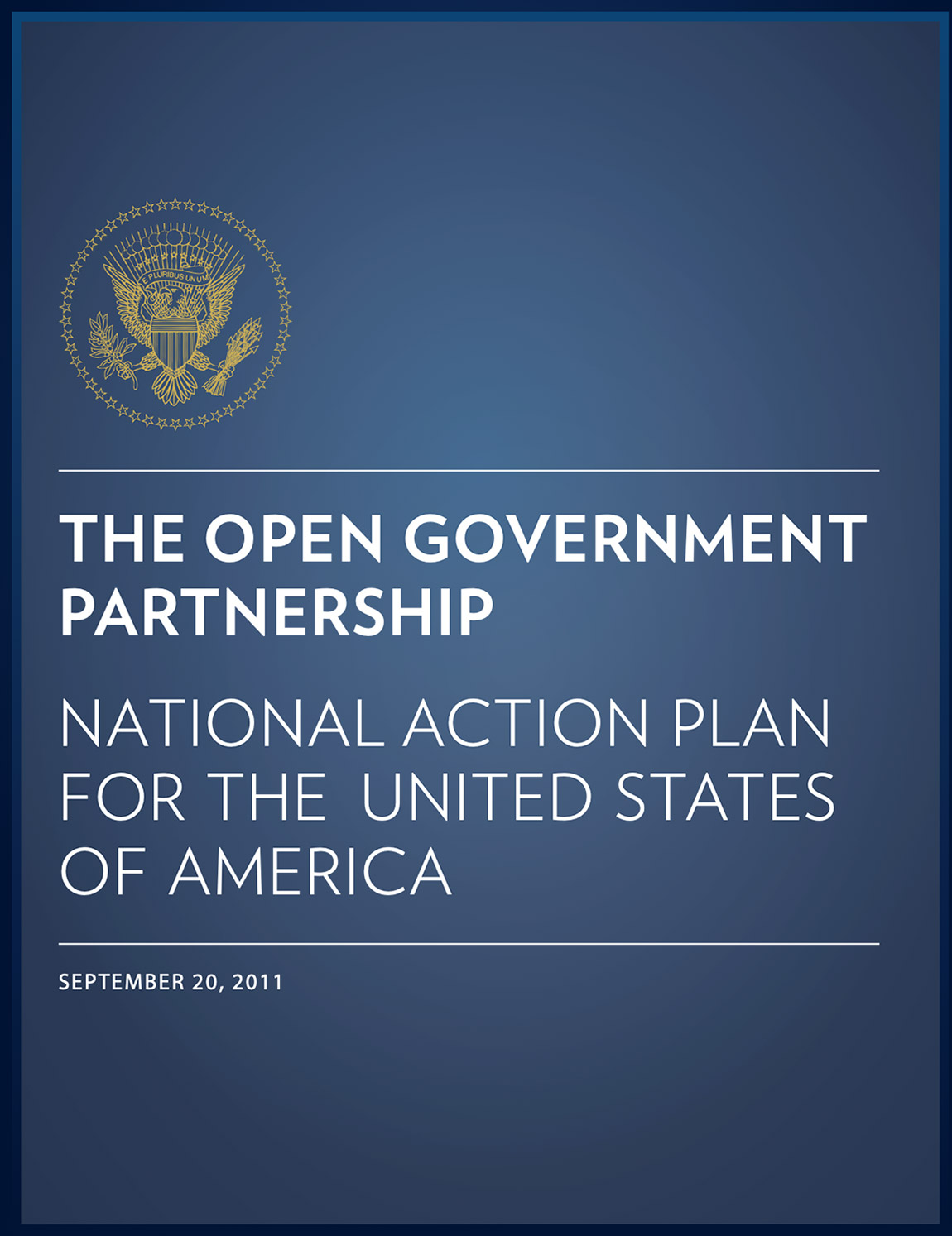 Dark blue report cover with seal and text The Open Government Partnership, National Action Plan, February 2019