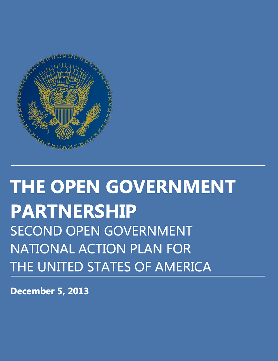 Dark blue report cover with seal and text The Open Government Partnership, Second Open Government National Action Plan, December 2013