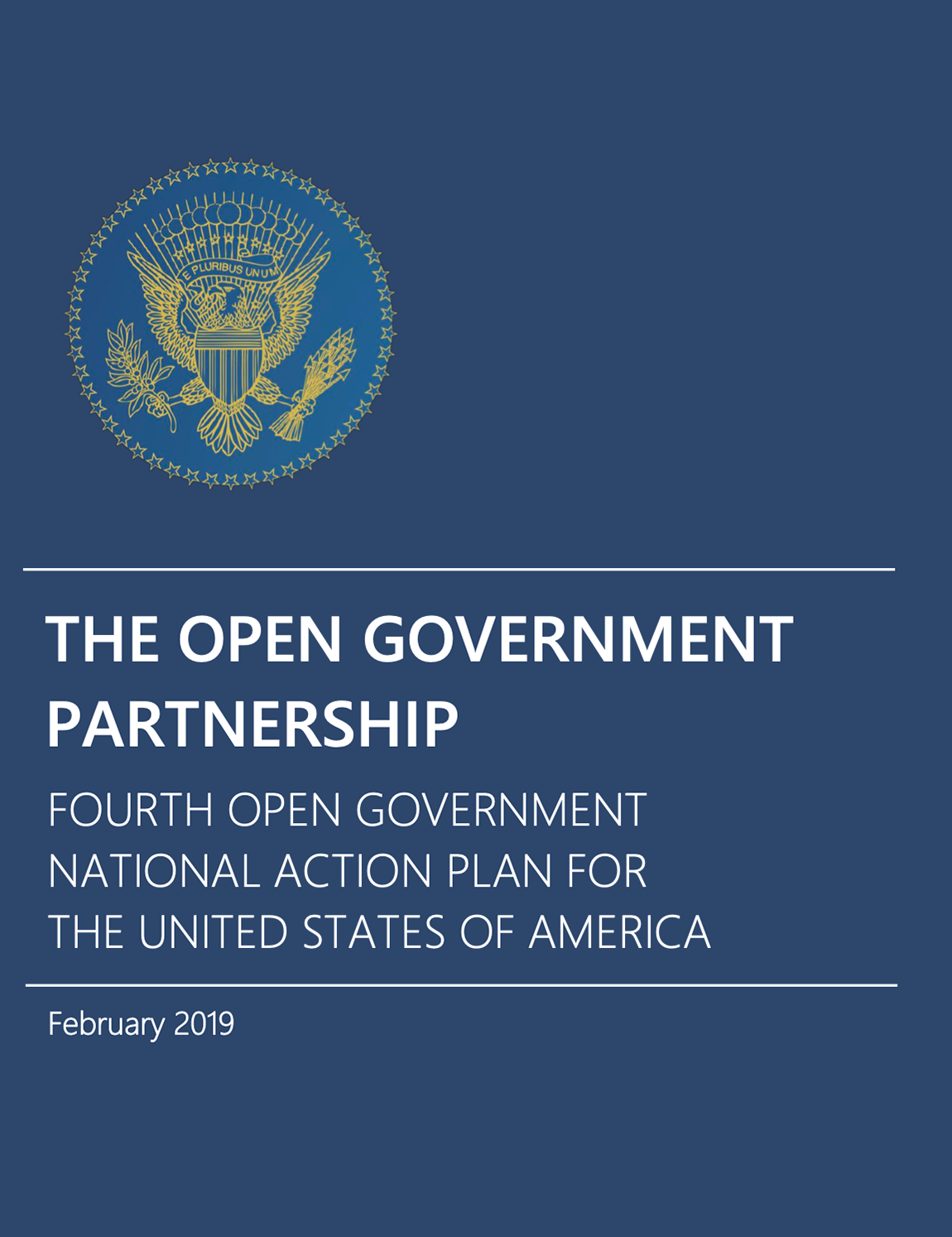 Dark blue report cover with seal and text The Open Government Partnership, Fourth Open Government National Action Plan, February 2019