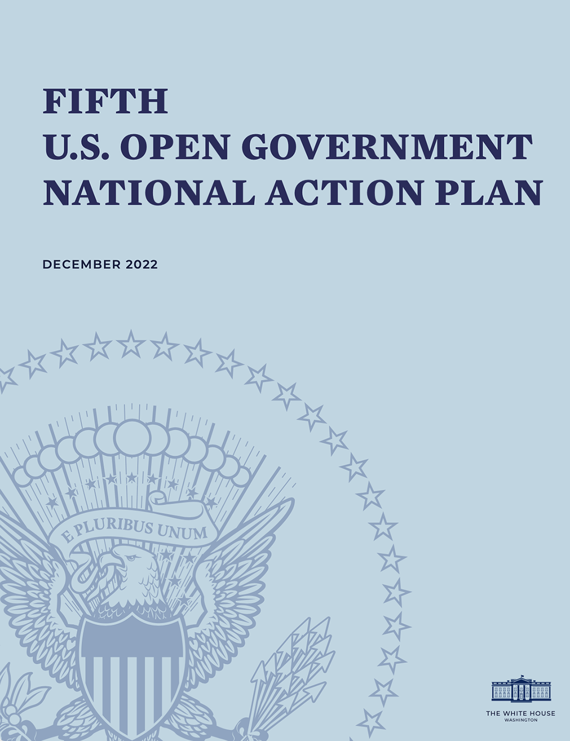 Light blue report cover with seal and text Fifth U.S. Open Government National Action Plan