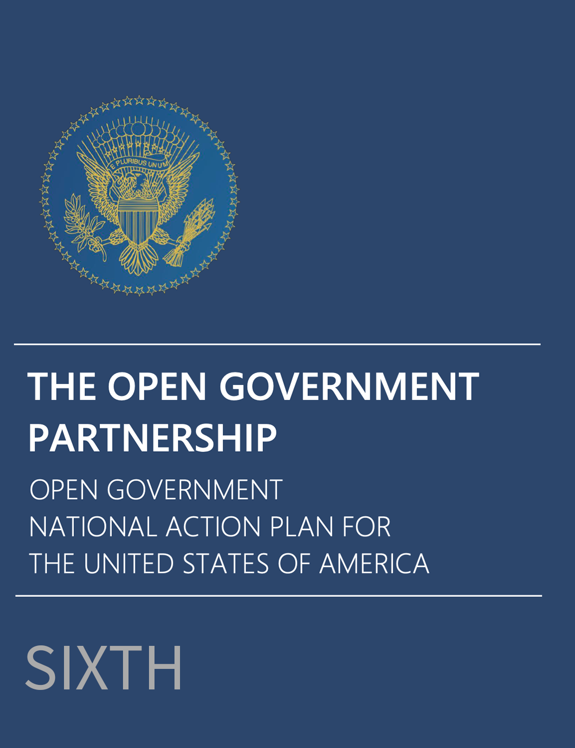 Light blue report cover with seal and text U.S. Open Government National Action Plan, Sixth Upcoming