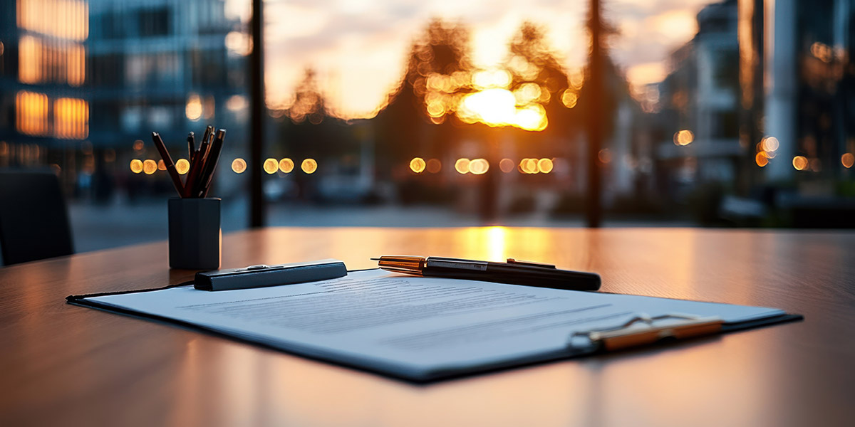 Clipboard and pen sitting on a table with a sunset in the background