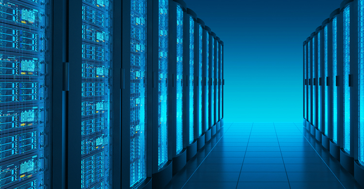 Room and hallway of data servers in blue light