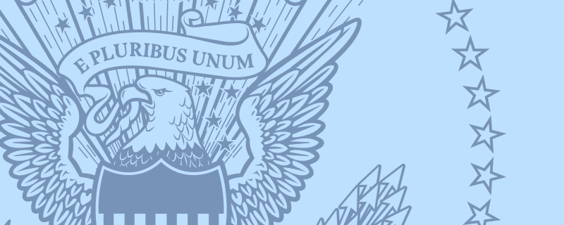 A blue on blue image of an official U.S. seal with eagle and E Pluribus Unum above it