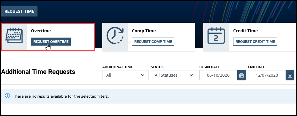 Screenshot of Request Time page with Request Overtime highlighted
