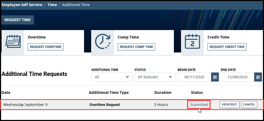 Screenshot of Additional Time Requests page displaying time request status