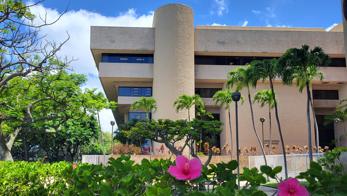 Exterior of a tan buidling with geometrical shapes that make up the building. At the forefront are fuschia flowers. 