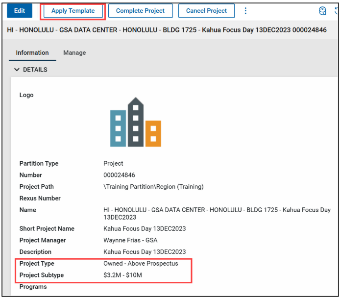 Screenshot of the project screen with apply template button and project type and subtype highlighted