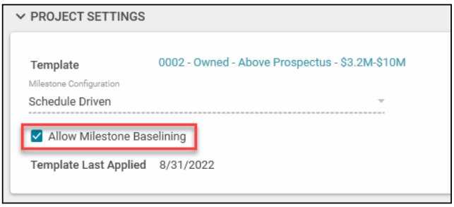 Screenshot of the project settings screen with allow milestone baselining highlighted