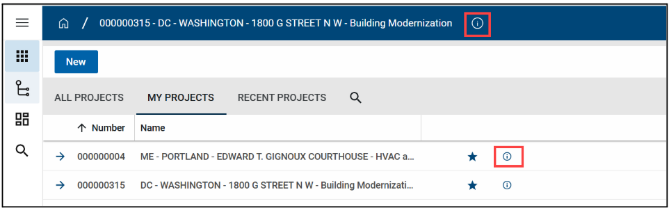 Screenshot of the project finder screen with details button highlighted