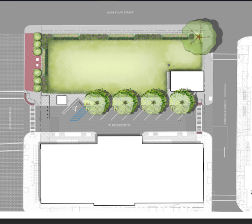 Rendering of post site demolition with grass and landscaping