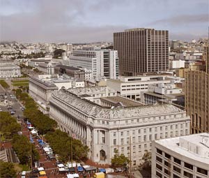 Fed Bldg. in San Fran showing distinct horizontal divisions and classical ornamentation like exterior columns