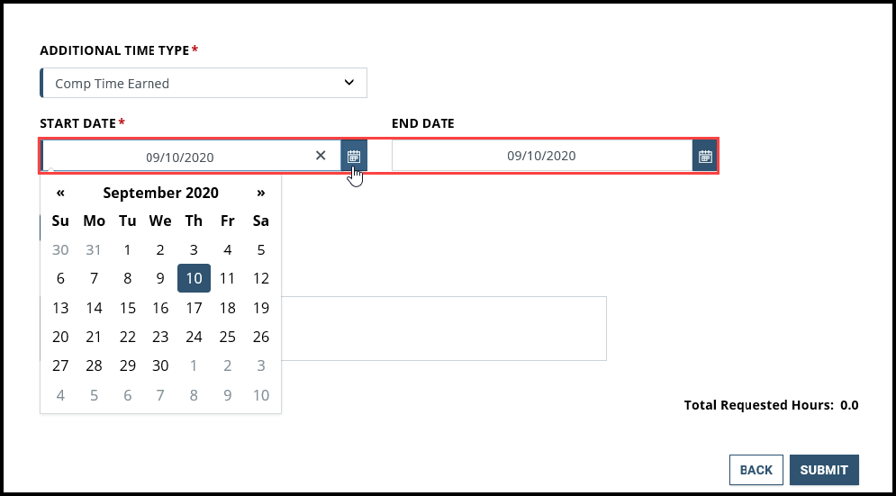 Screenshot of Additional Time page with start date calendar expanded