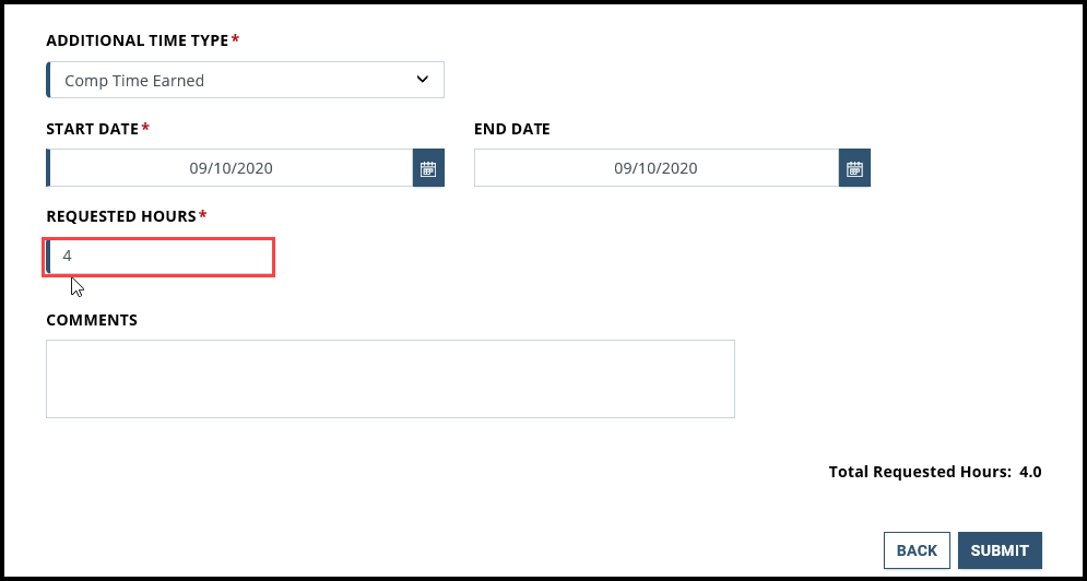 Screenshot of Additional Time page with Requested Hours highlighted