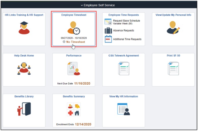 Screenshot of Employee Timesheet with Employee Timesheet highlighted