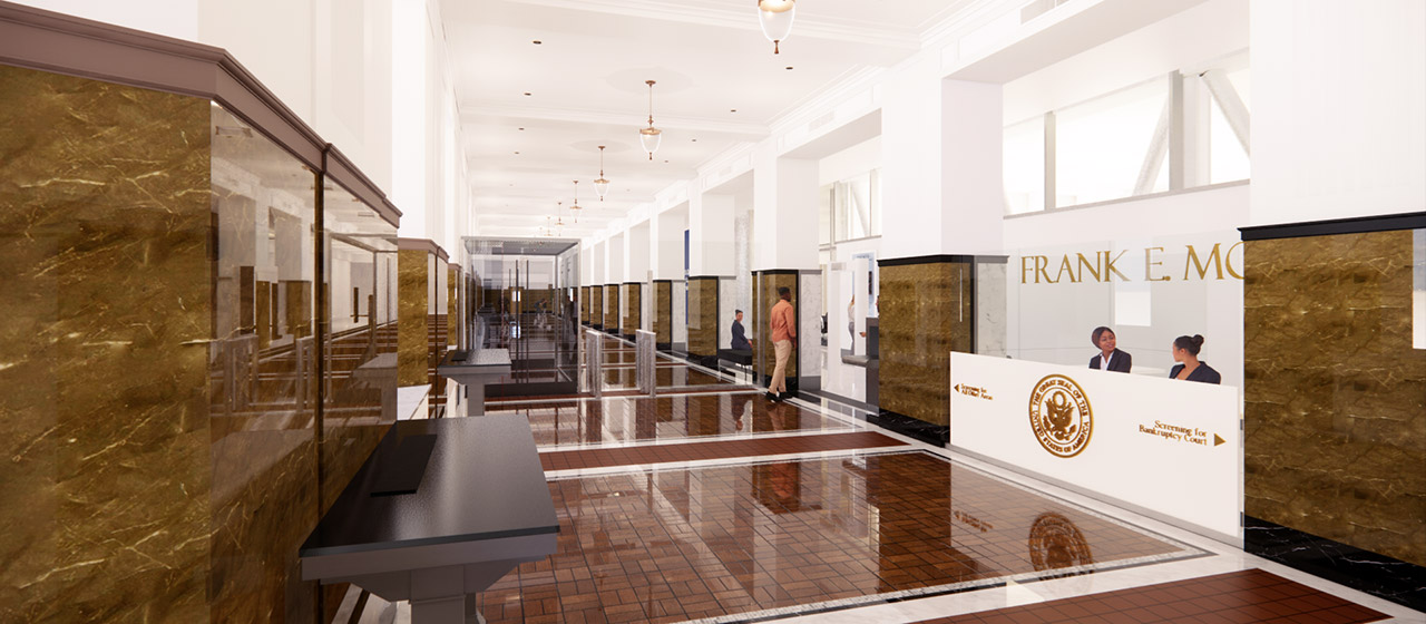 Interior shot of shiny red floored hallway with brown stone along the walls and white ceiling with lamps