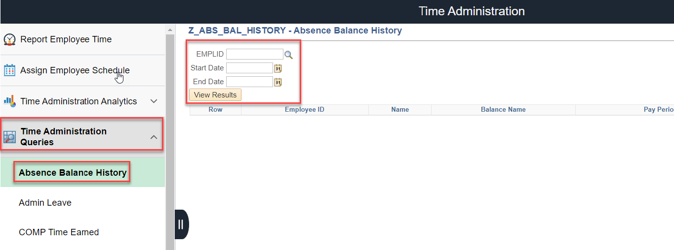 Screenshot of the Time Administration page with the Absence Balance History highlighted