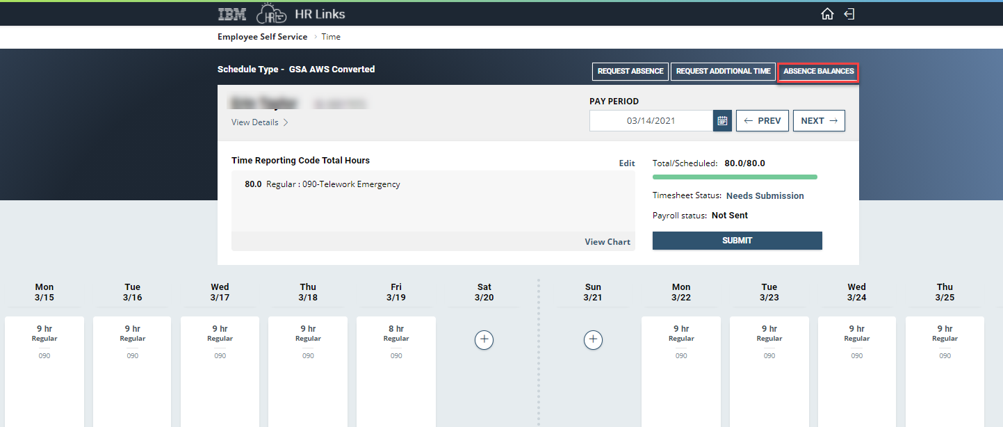 Screenshot of time sheet page with absence balances highlighted