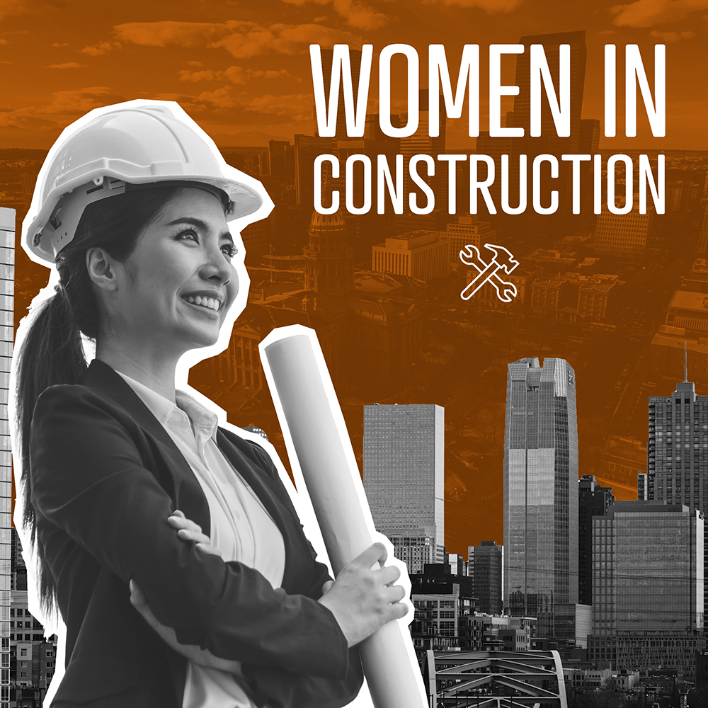 Collage of woman in hardhat placed above a cityscape.