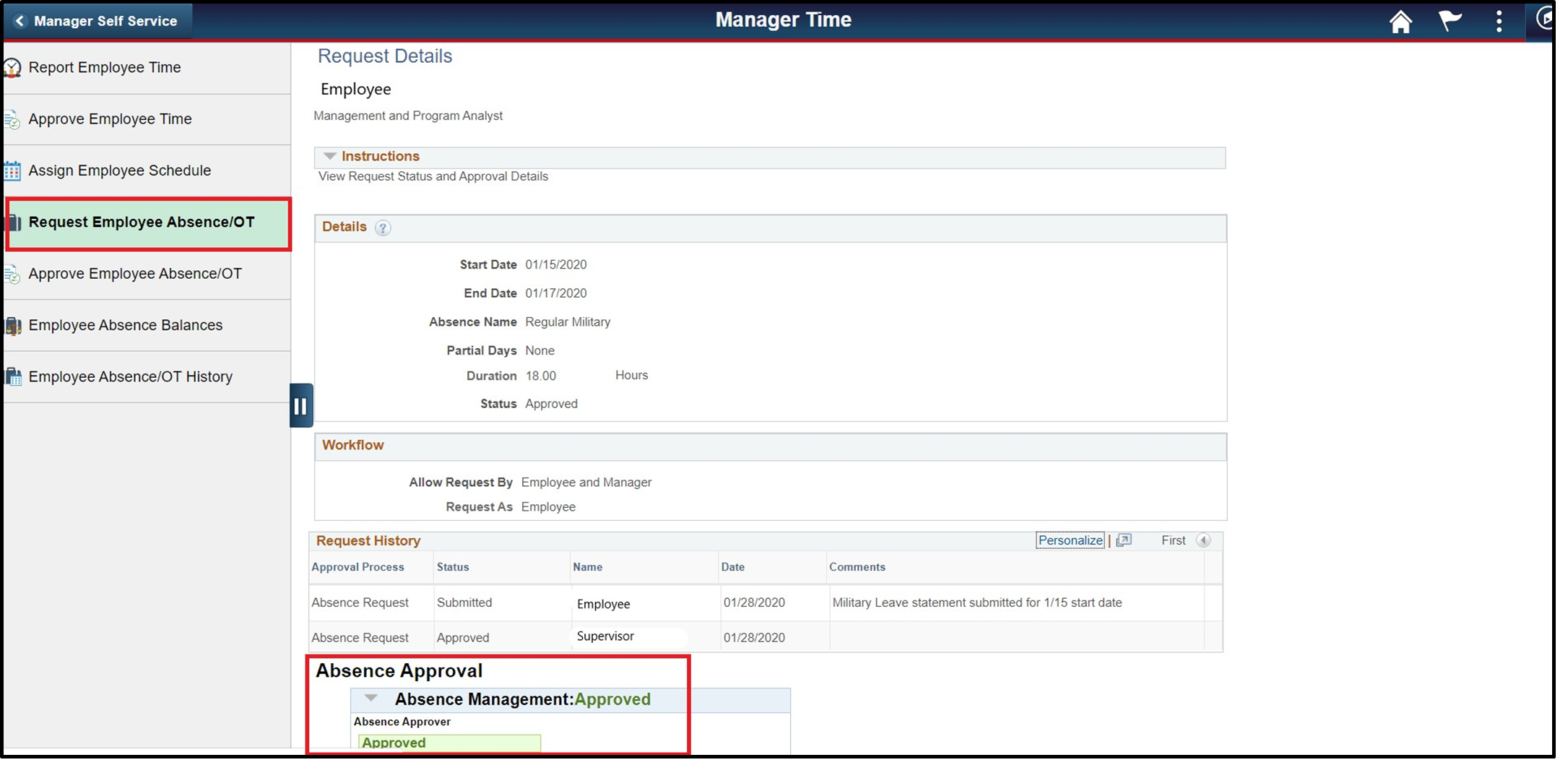 Timesheet entry with absence approval box highlighted with status marked as approved