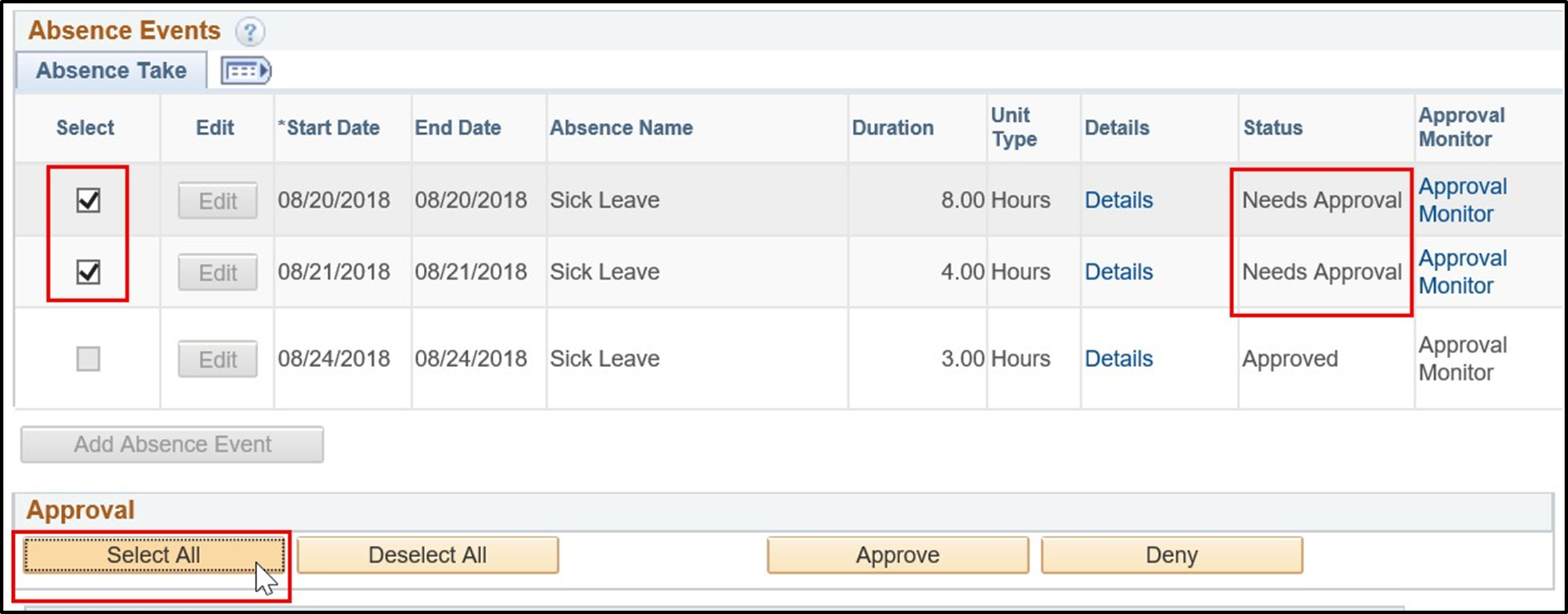 Timesheet entry for absence events with select boxes, status needs approval, and select all button highlighted