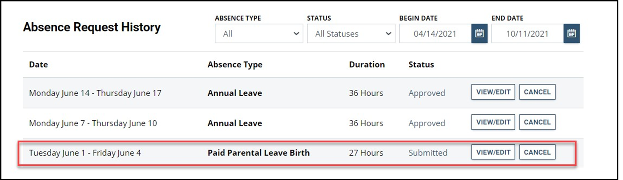 Timesheet entry for absence request history with date, paid parental leave, duration, and status highlighted