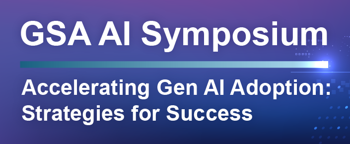 Purple background with white text, GSA AI Symposium, accelerating gen AI adoption: Strategies for success
