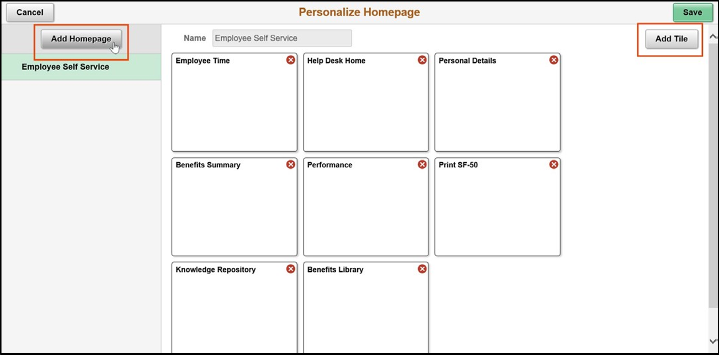 Timesheet entry of personalize homepage section with add homepage and add tile buttons highlighted