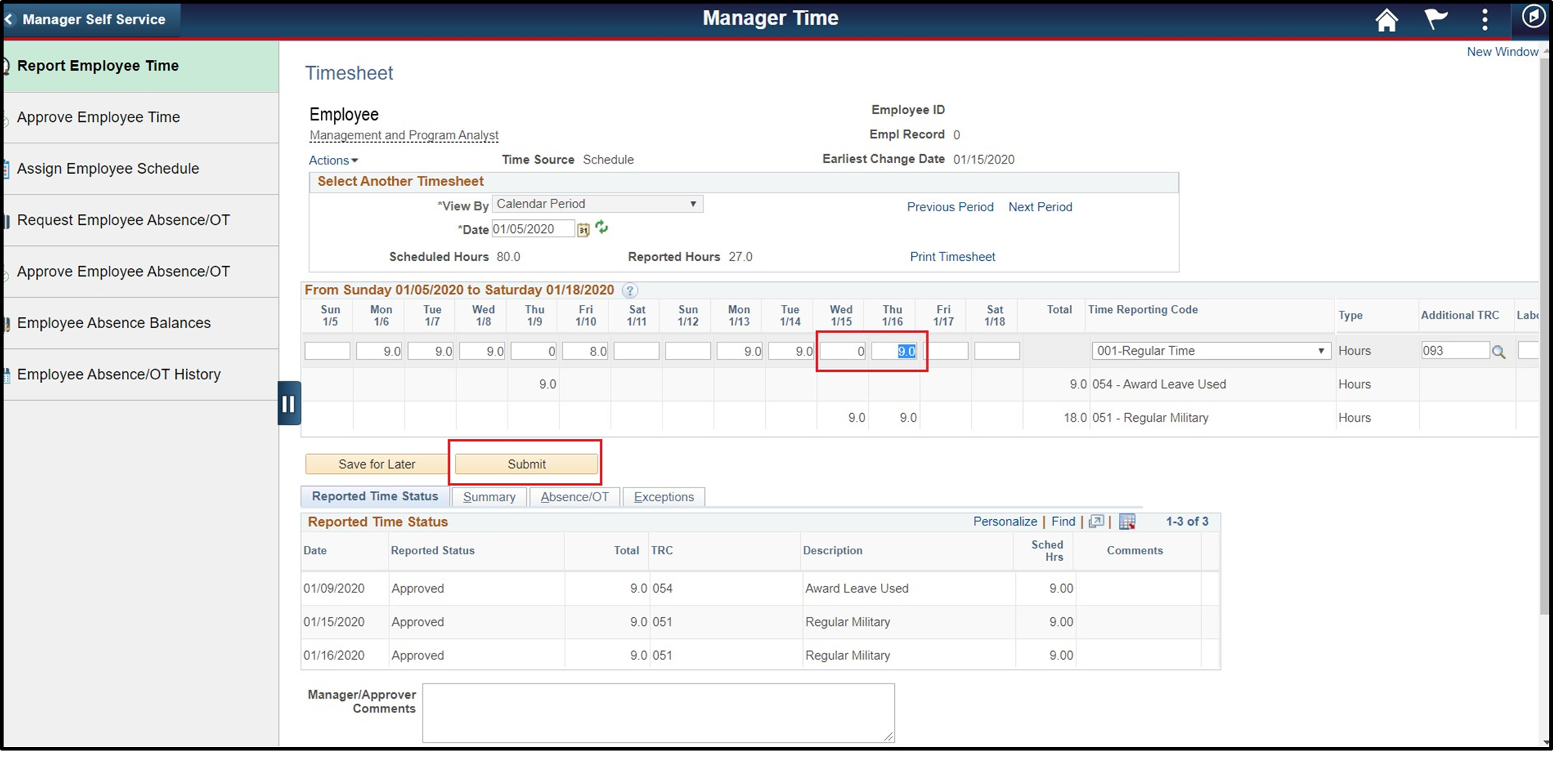 Timesheet entry with daily hours and submit button highlighted